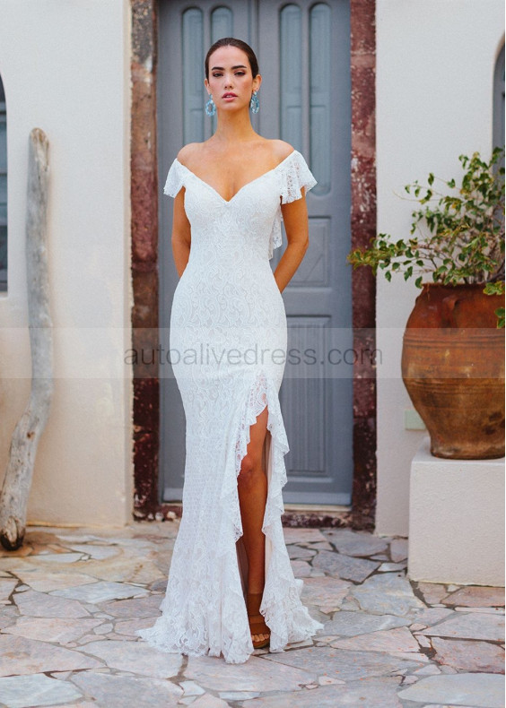 Ivory Lace V Back Slit Wedding Dress